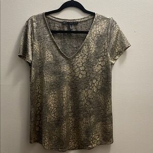 WHBM Gold Metallic Animal-Print V-Neck Short Sleeve Top. Size Med